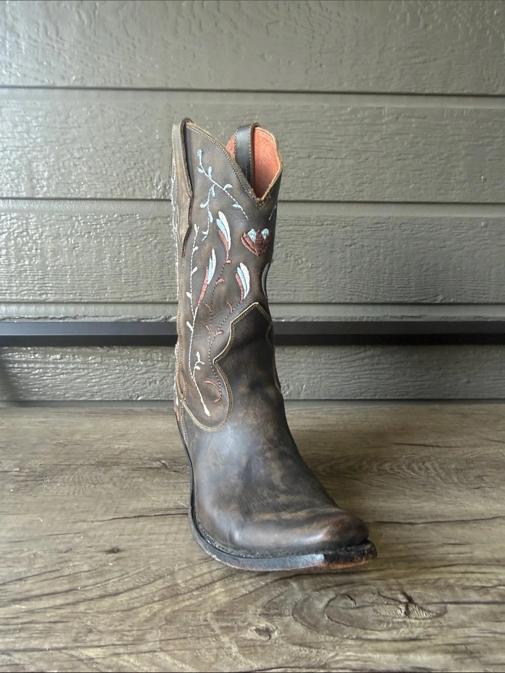 Dan Post Brown Leather Western Cowgirl Boots Blue Coral Embroidery size 6.5 B